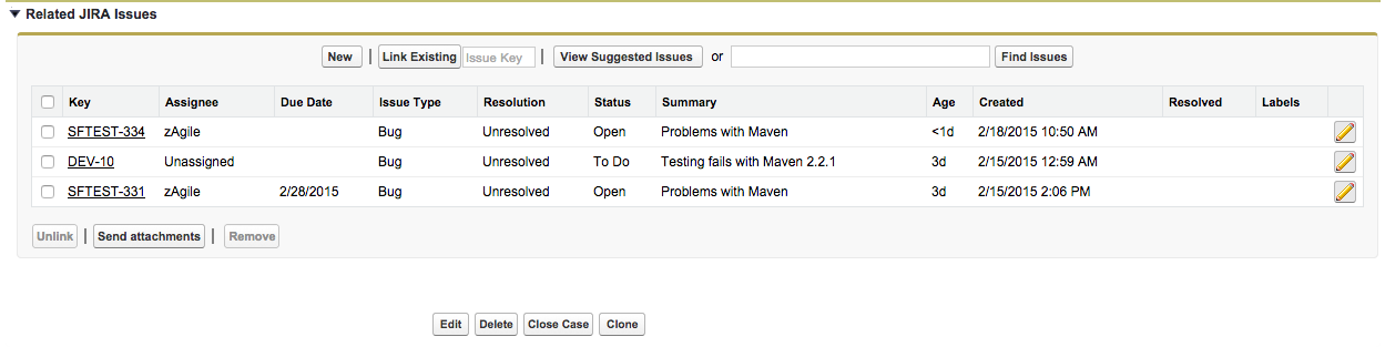 zAgileConnect Related Jira Visualforce page in Salesforce Classic