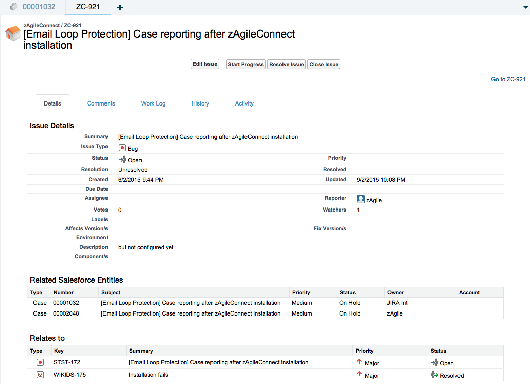 zAgileConnect Issue Detail in Salesforce Classic
