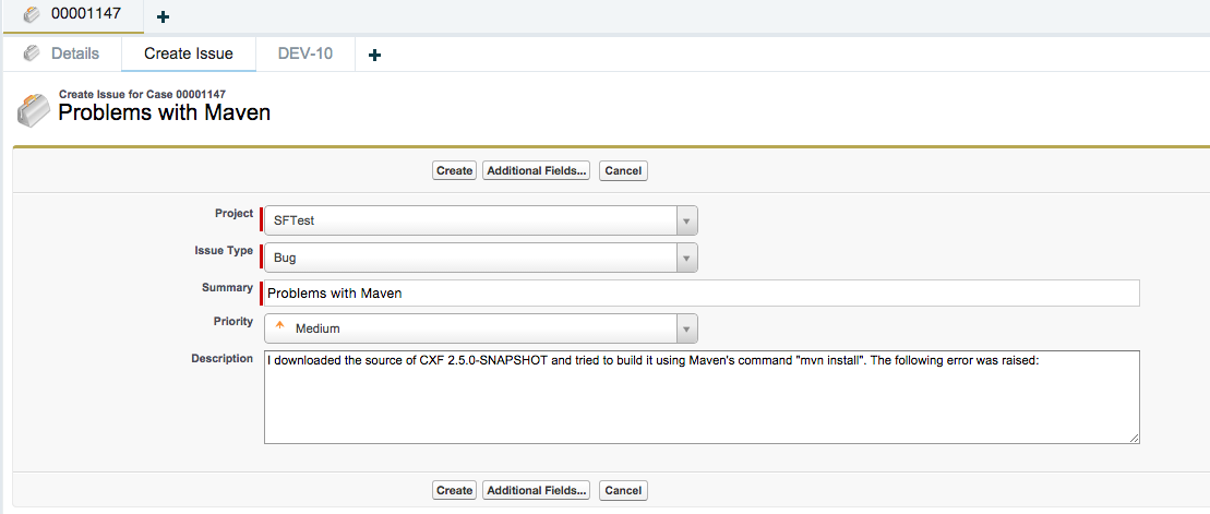 zAgileConnect Issue Creation in Salesforce Classic