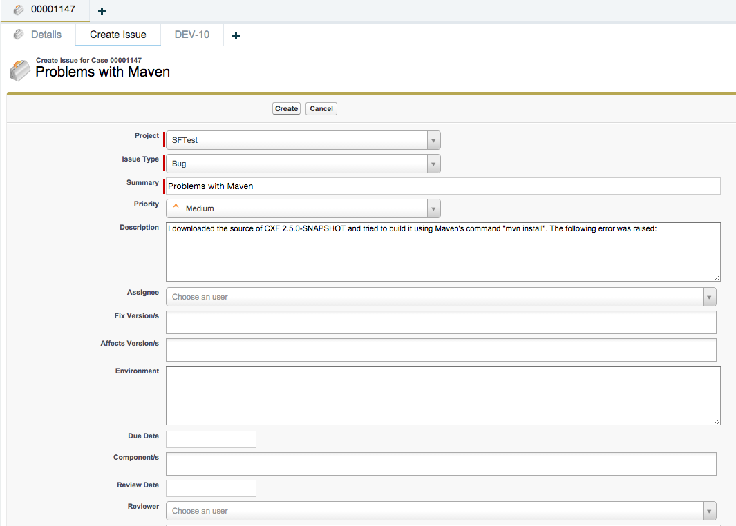 zAgileConnect Create Issue in Salesforce Classic