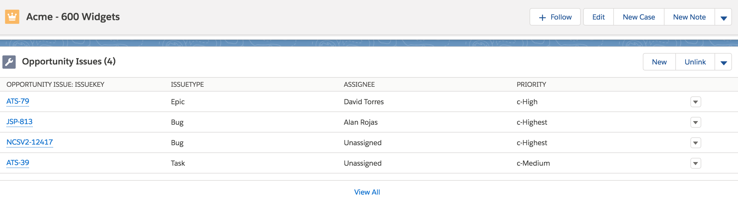 Related List representing JIRA Issues associated with an Opportunity object